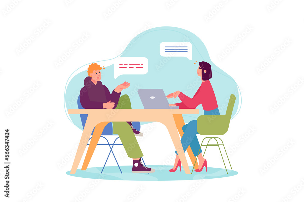 Poster workflow concept with people scene in the flat cartoon style. two employees discuss work tasks in a 