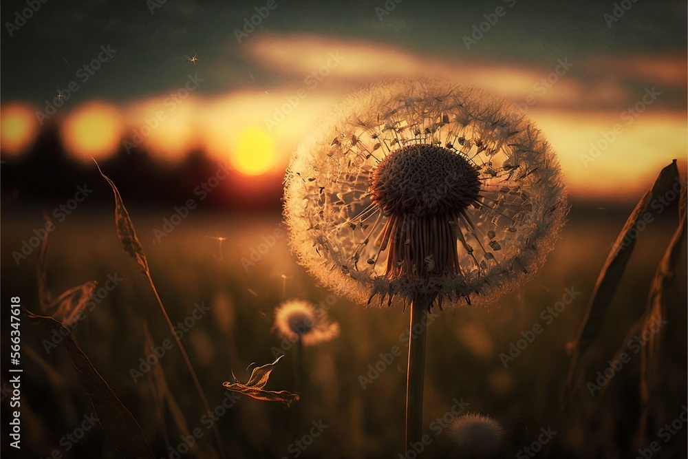 Wall mural  a dandelion in a field with the sun setting in the background and a few clouds in the sky with a sun setting in the background.  generative ai