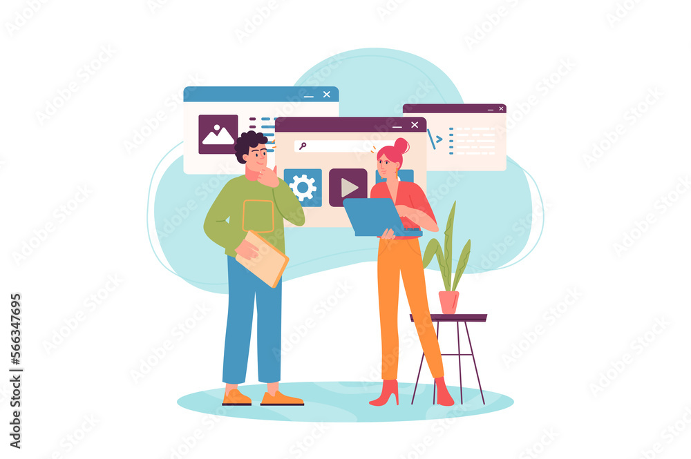 Aufkleber concept ui ux programming with people scene in the flat cartoon style. designer coordinates the webs