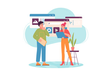 Concept UI UX programming with people scene in the flat cartoon style. Designer coordinates the website design with the client.