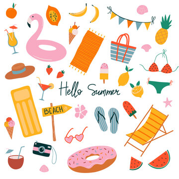Big set of summer icons - swimsuit, sunglasses, beach hat, camera, flamingo inflatable swimming pool ring, ice cream, fruits. Summer poster, scrapbooking elements, stickers for posters, summer party