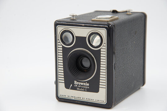 Riga, Latvia,January 30: England,circa 1947- Vintage camera Six-20 Brownie E of Kodak Ltd.Company - high-quality camera of UK great series produced for 20 years (from 1937) .
