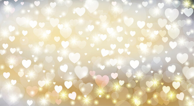 Gentle light background with hearts and sparkling sparks, bokeh. Beautiful design for weddings, Valentine's Day and other romantic dates.
