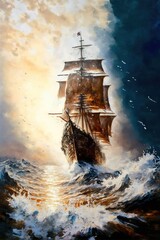 Old ghost ship sailing in a stormy sea. Massive schooner with large wave splashes. Photorealism oil painting. Generative AI