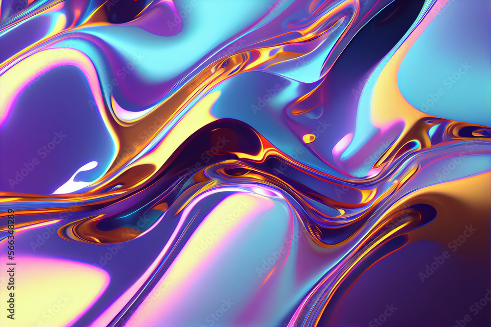 Wall mural iridescent liquid metal surface with ripples. 3d illustration. abstract fluorescent background. flui