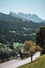 Wooden hut in the alps with mountains in the background Panorama