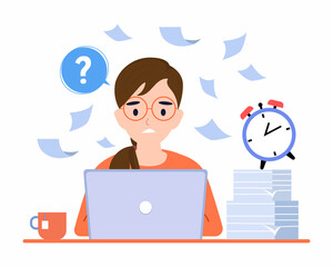 Frustrated overworked woman with work multitasking problems concept, deadline and time management.