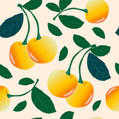Yellow cherries with green leaves on a light pink background. Berry background. Seamless cute pattern with sweet cherry. 