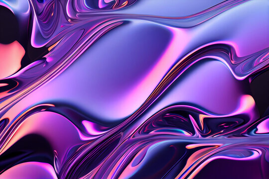 Iridescent liquid metal surface with ripples. 3d illustration. Abstract fluorescent background. Fluid neon leak backdrop. Ultraviolet viscous substance. Generative Ai.