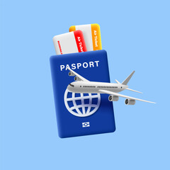 3d passport with boarding pass inside and airplane flying, render 3d travel digital illustration