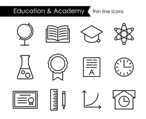 Education and academy thin line outline icons, elementary school, college and university, editable stroke
