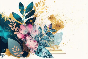  a painting of flowers and leaves on a white background with a gold and blue splash of paint on the bottom of the image and the bottom half of the frame.  generative ai