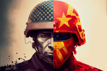 United States of America, China war cause Taiwan flags painted on the soldier. USA and China war and winning concept. Soldiers confrontation war conflict. Generative Ai.