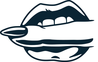 Lips bite. Sex gesture of sexy lips with finger for nail bar. Element for beauty studio. Fashion, trendy style of fingernails logo