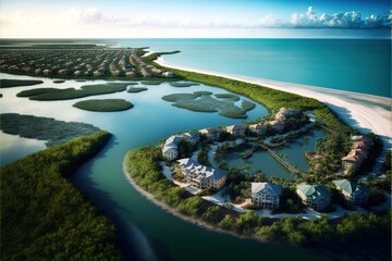  a bird's eye view of a resort on a beach near the ocean with a lagoon in the foreground and a sandy beach in the background.  generative ai