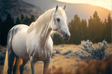  a white horse standing in a field with a mountain in the background and trees in the foreground, with the sun shining on the horizon.  generative ai