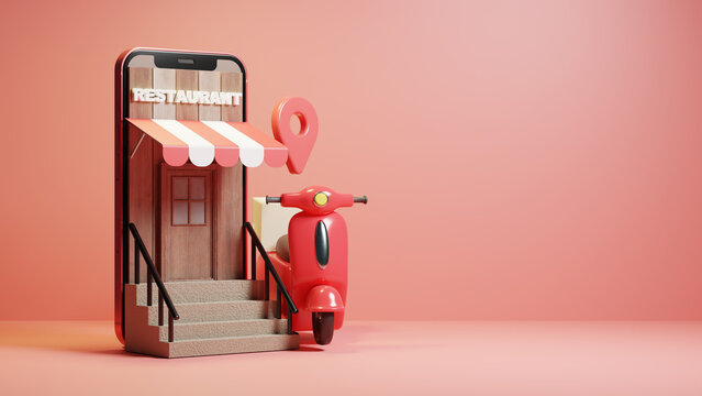 3d render online food order delivery on mobile illustration with scooter
