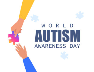 World Autism Awareness Day. Adult's hand holding colourful puzzle piece and holds out to the child's hand. Autistic children concept. Social Difficulty. Mental disability disorder. Vector.