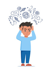 Sad boy standing on floor surrounded by stream of anxious thoughts. Autism, child stress, mental disorder, anxiety, depression, stress, headache. Child plugged ears with hands. Vector illustration.