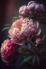Pink and white peonies bouquet. Beautiful floral art wallpaper. AI
