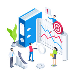 isometric vector illustration on a white background, people in business clothes near a paper graph with financial data, statistics processing