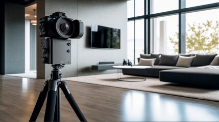 caméra 360 degrés posé sur un trépied, dans un salon moderne pour création d'une visite virtuelle - illustration ia - obrazy, fototapety, plakaty