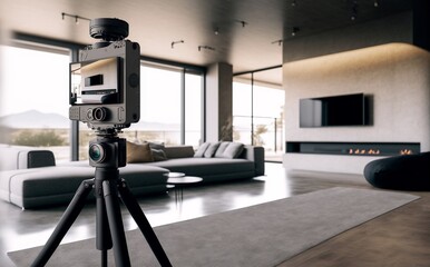 caméra 360 degrés posé sur un trépied, dans un salon moderne pour création d'une visite virtuelle - illustration ia - obrazy, fototapety, plakaty