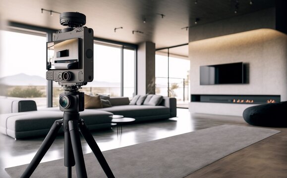 caméra 360 degrés posé sur un trépied, dans un salon moderne pour création d'une visite virtuelle - illustration ia