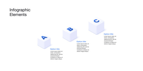 Business process chart infographics with 3 step cubes. Cubic corporate workflow graphic elements. Company flowchart presentation slide. Vector info graphic in isometric design.