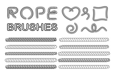 Rope vector brushes set, classic border texture, letter stroke, decorative element