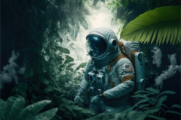  a man in a space suit walking through a forest filled with plants and plants, with smoke coming out of his mouth and a green plant behind him.  generative ai