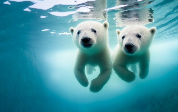 white baby polar bears cubs swimming underwater in blue cold water eye level view. This image was created by generative ai.	