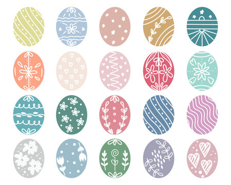 Set Easter eggs in different colors with decorations. Spring holiday attribute. Doodle botanical illustration. Vector illustration. Happy Easter eggs