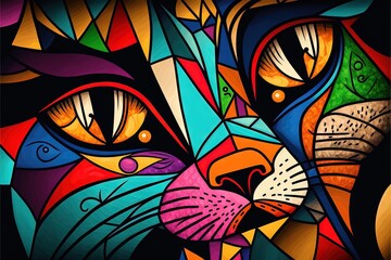  a painting of a colorful cat's face with a black background and a black background with a white border around the cat's face.  generative ai