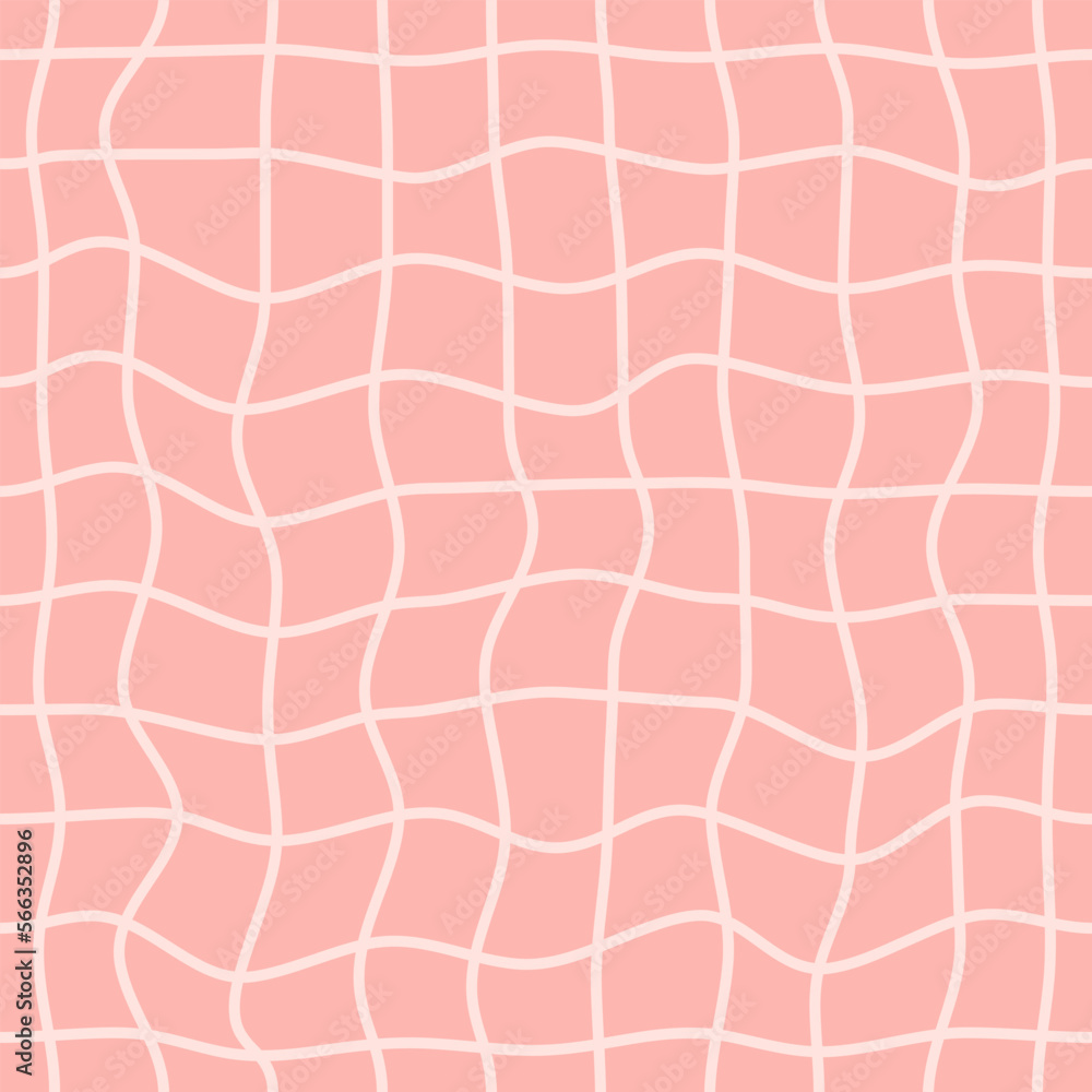 Poster Minimalistic checkered seamless pattern with  wavy distorted grid on a pastel background. Vector linear geometric background