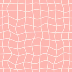 Minimalistic checkered seamless pattern with  wavy distorted grid on a pastel background. Vector linear geometric background