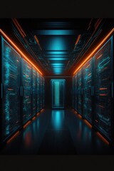 Data center with server racks and data analysis systems. Generative AI