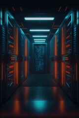 Data center with server racks and data management solutions. Generative AI