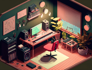 Small Music Production Home Studio isometric perspective, Generative AI