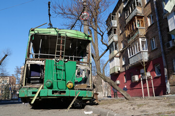 Russian missile destroyed green trolleybus and houses in Kyiv, Ukraine