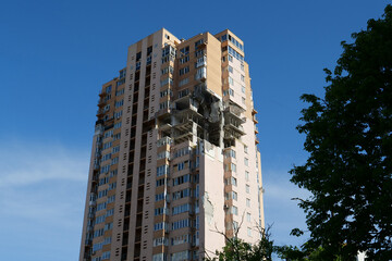 Russian terrorist army damaged by a missile dwelling house in Kyiv city, Ukraine