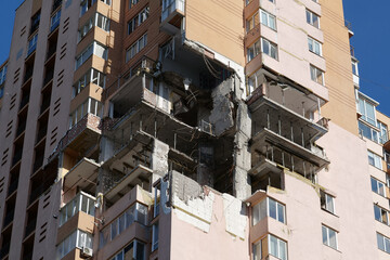 Russian missile damaged multi-storey dwelling building in Kiev city, Ukraine