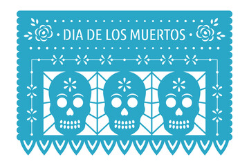 Mexican banner for Day of the Dead, Dia de los Muertos. Decorative garland Papel Picado with floral ornament and skull.