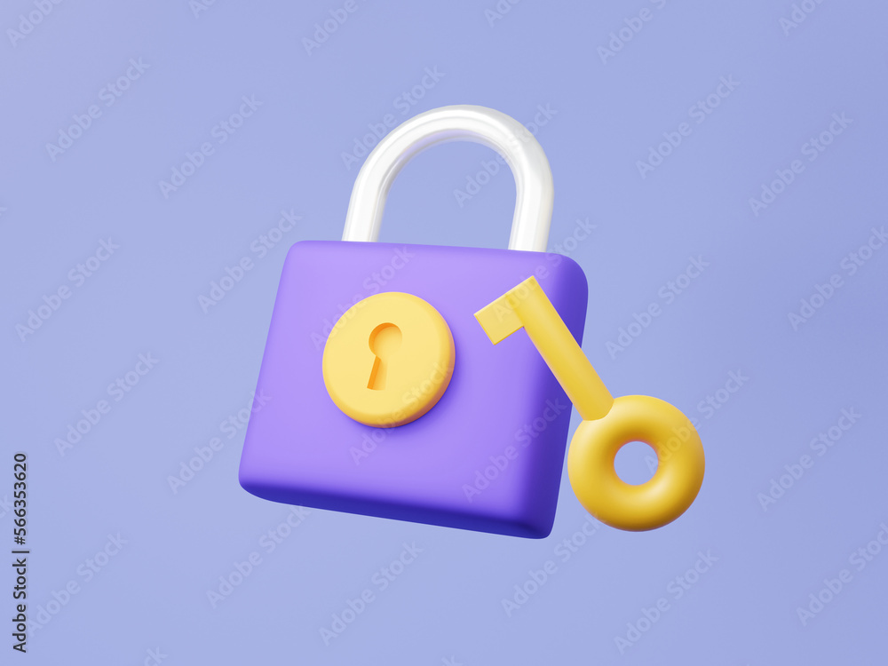 Poster key security protection concept. unlock padlock icon floating on purple background. account identity