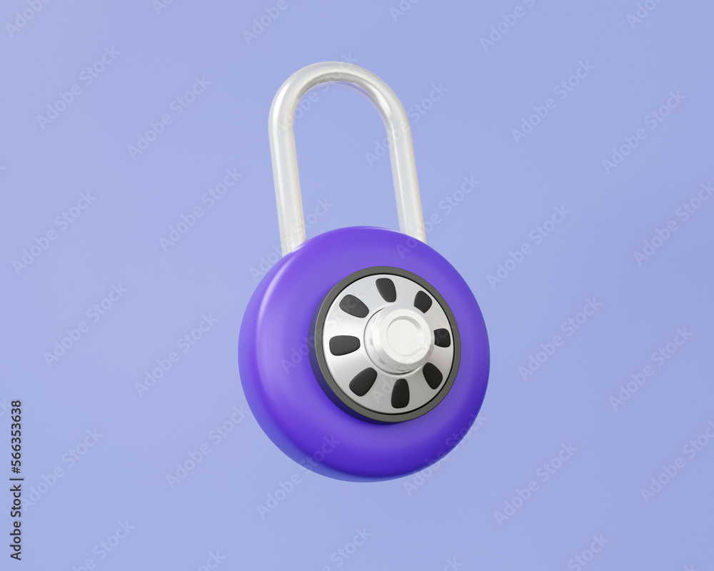 Poster 3d circle padlock icon floating on purple background. lock cyber security protection concept. accoun