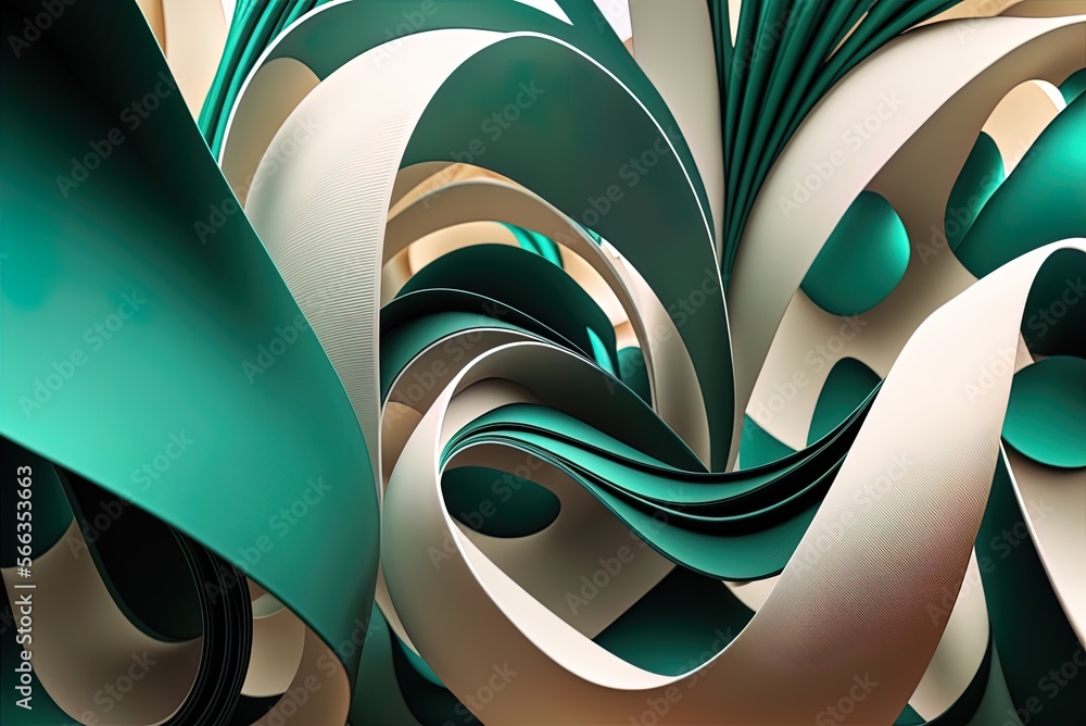 Poster white and teal ribbons form an abstract pattern on the wall. copies may be found in a rainbow of col