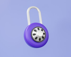 3D Circle padlock icon floating on purple background. lock cyber security protection concept. account identity id privacy password secure personal data information safety house. 3d render illustration