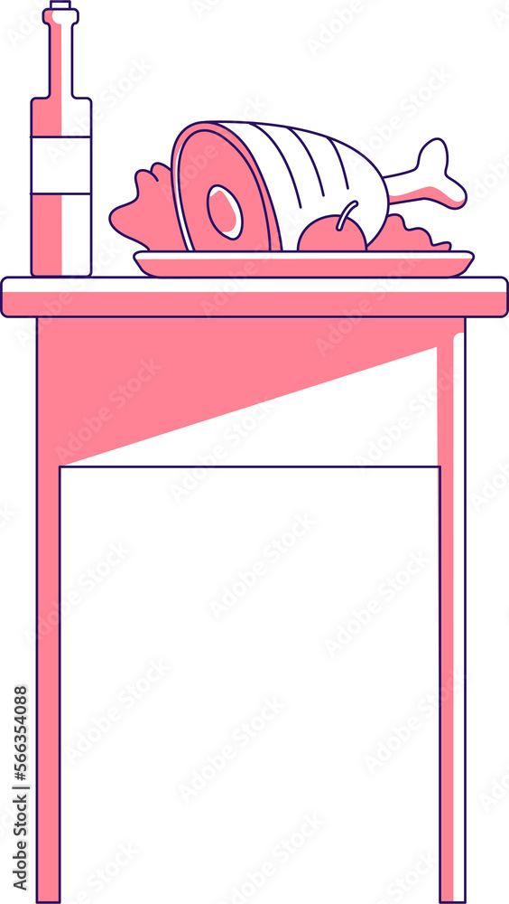 Poster dinner serving semi flat color raster element. full sized object on white. delicious meat and bottle