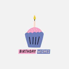 Happy Birthday illustration cupcake with candle. Tasty cream muffin on an isolated background. Hand Drawn greeting vector