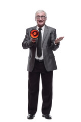 in full growth. serious business man with a megaphone.